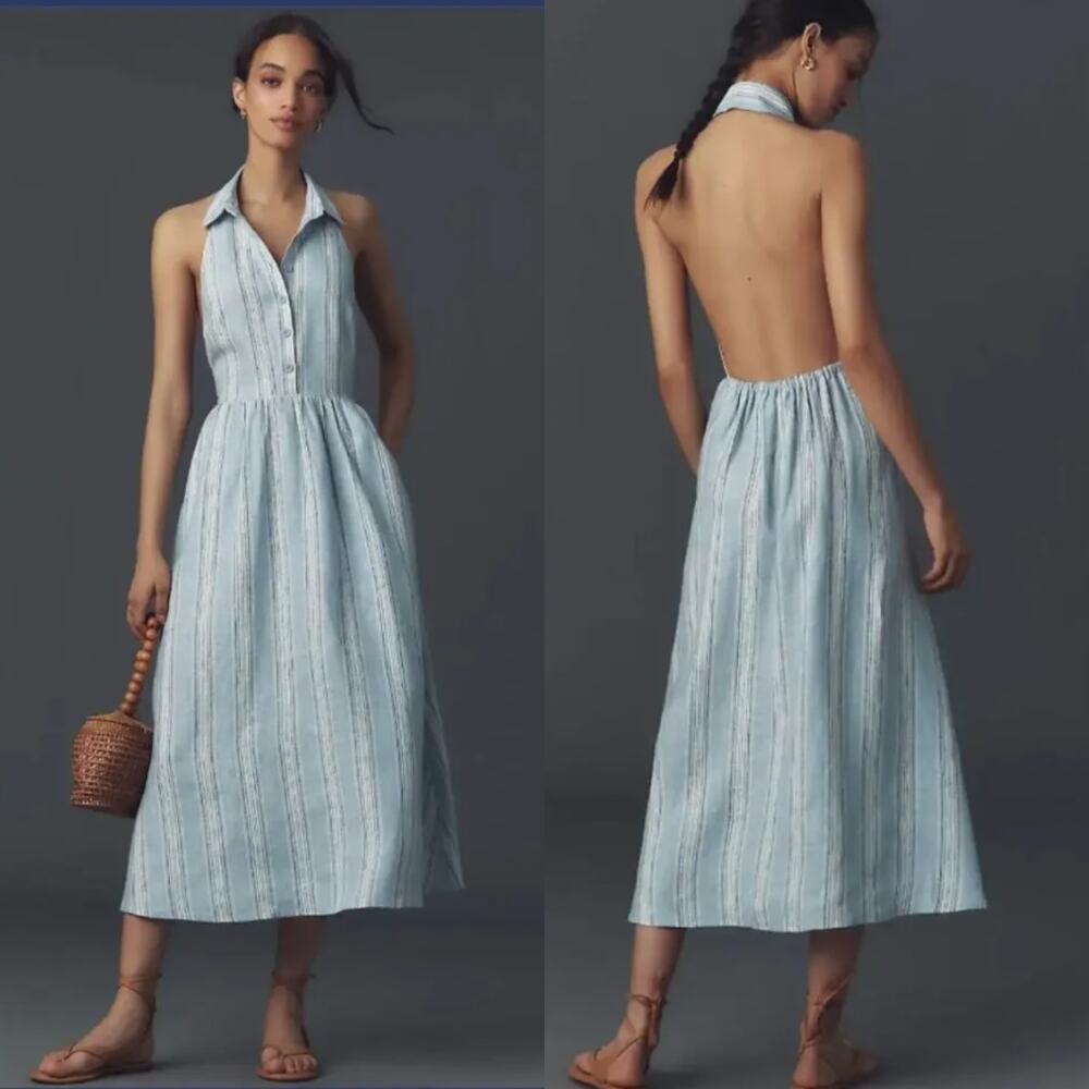 New Reformation Blue White Linen Midi Shirt Dress - Size 12